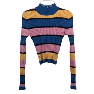 Lottie Moss Cropped Sweater Striped Pink Blue Ribbed  Mock Neck XS